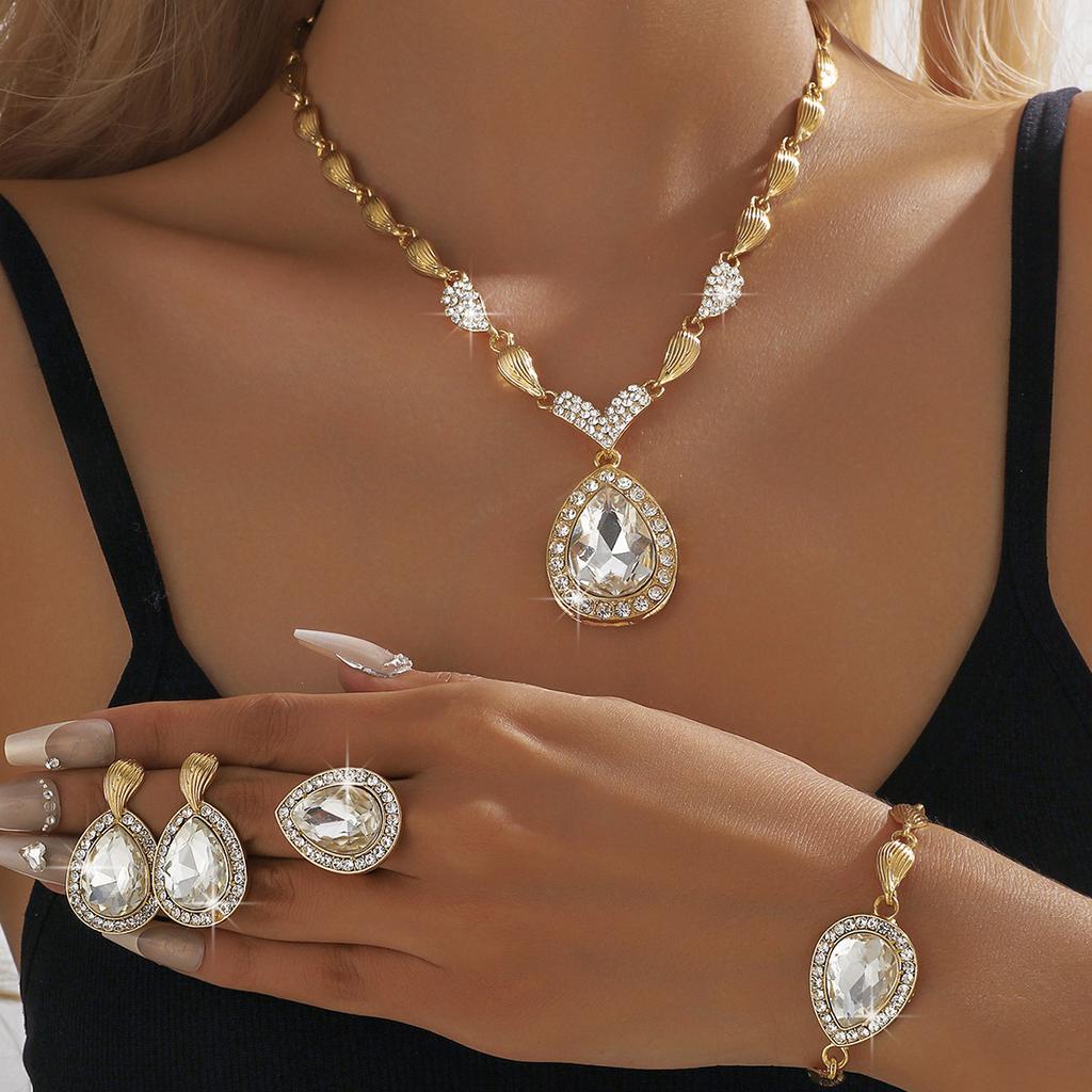 Foreign Trade Trend Exaggerated Droplet Gemstone Necklace Earrings Bracelet Ring Alloy Four Piece Set Bridal Banquet Jewelry