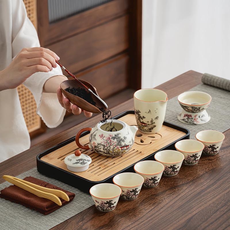 Retro Black Pine Plum Blossom Qingyun Pot Ru Kiln Kung Fu Tea Set Household Outdoor Tea Drinking Kuaike Cup Customized Printing