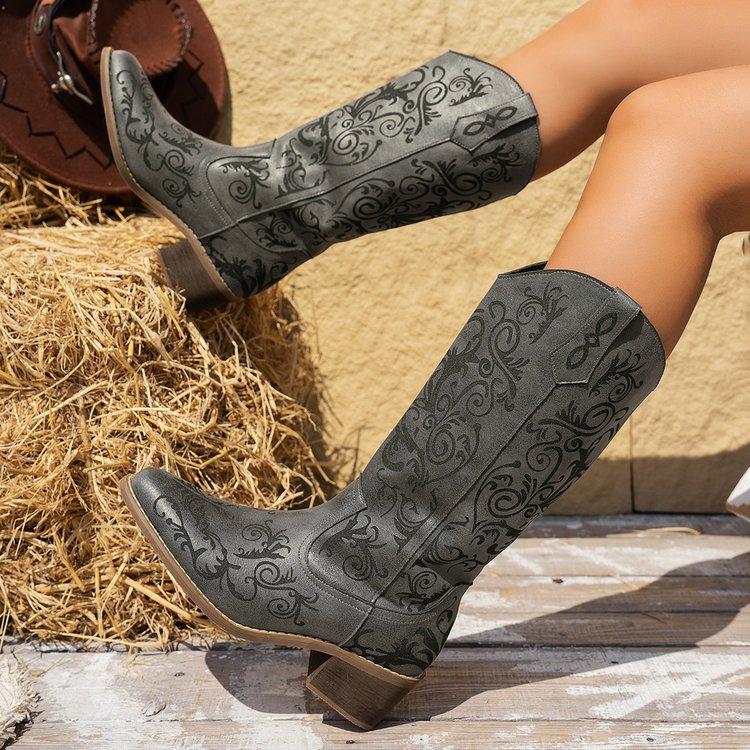 Damen Europäische Größe Holzabsatz Bestseller Western Cowboy Stiefel Kniehoch Neu Bedruckt Slipper High Heel Lederstiefel
