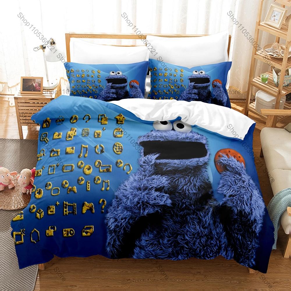 Cool Lovely Cartoon Monster Cookie Pattern Bedding Set 1 Duvet Cover + 2 Pillowcases HD Digital Print Bed Linen