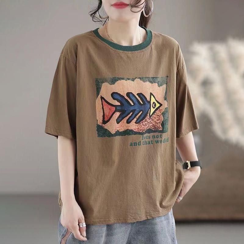 Plus Size Kurzarm-T-Shirt aus Baumwolle für Damen, lockeres, lässiges Rundhals-Sweatshirt