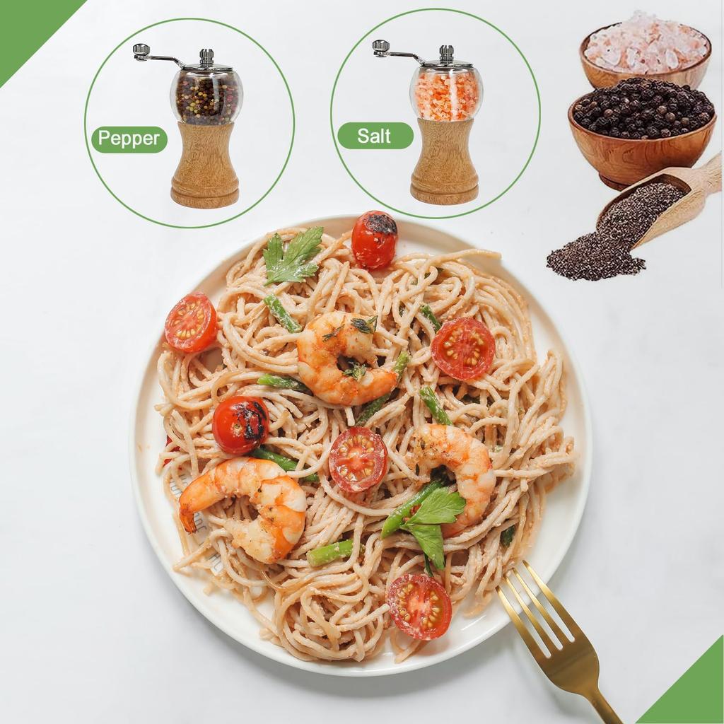 Wood Salt Pepper Salt Grinder Pepper Grinder with Manual Seasoning Grinder Refillable Grinder, & Set, Handle, (5inch-2Pcs)