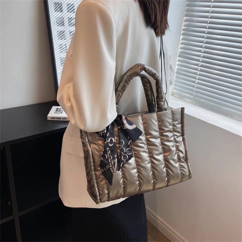 Elegant Women's Totes Bags with Silk Scarf Accent Winter Quilted Crossbody Bags for Women Casual Solid Color Padded Shoulder Bag