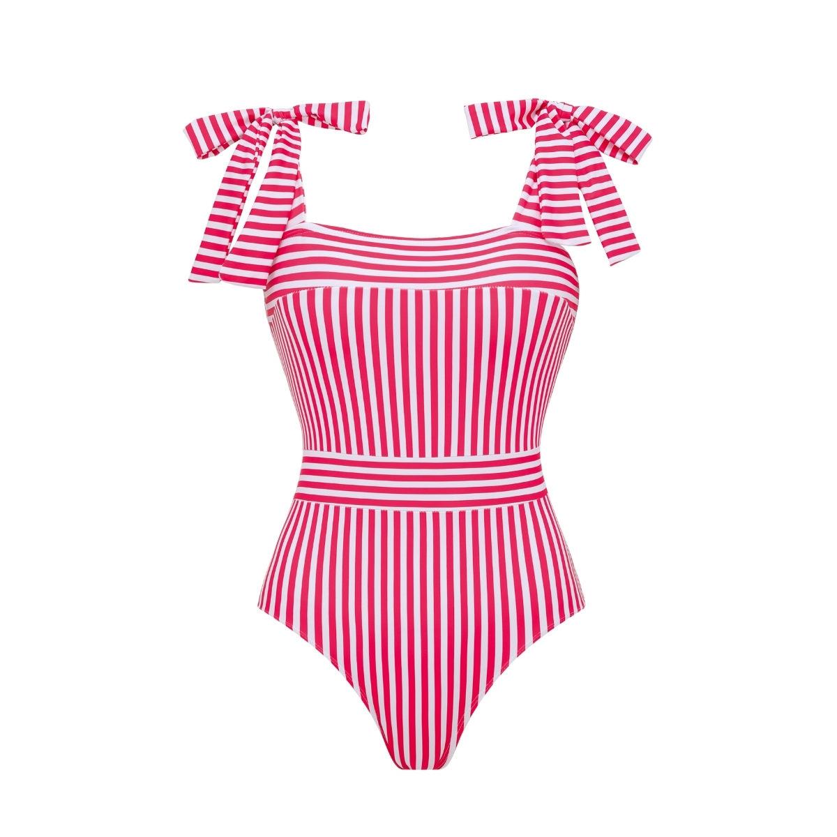 European and American swimwear bow tie striped one-piece swimsuit set, women s beach hot spring set S