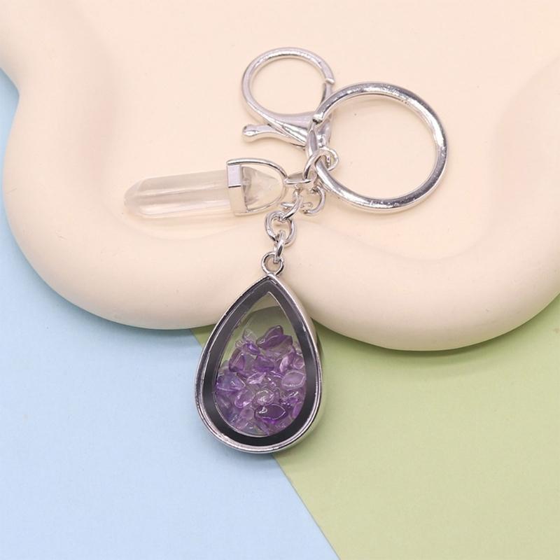 Natural Stone Crystals Teardrop Shape Photo Locket Keychain Featuring Diamonds Cut Designs for Sentimental Gifts