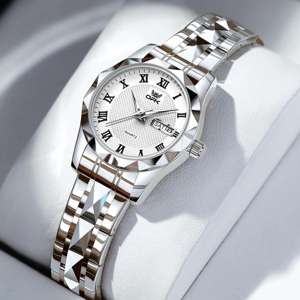 Generic Women's Quartz Watch Round Face 28mm Stainless Steel Calendar Day Date Roman Numeral Water Resistant Silver