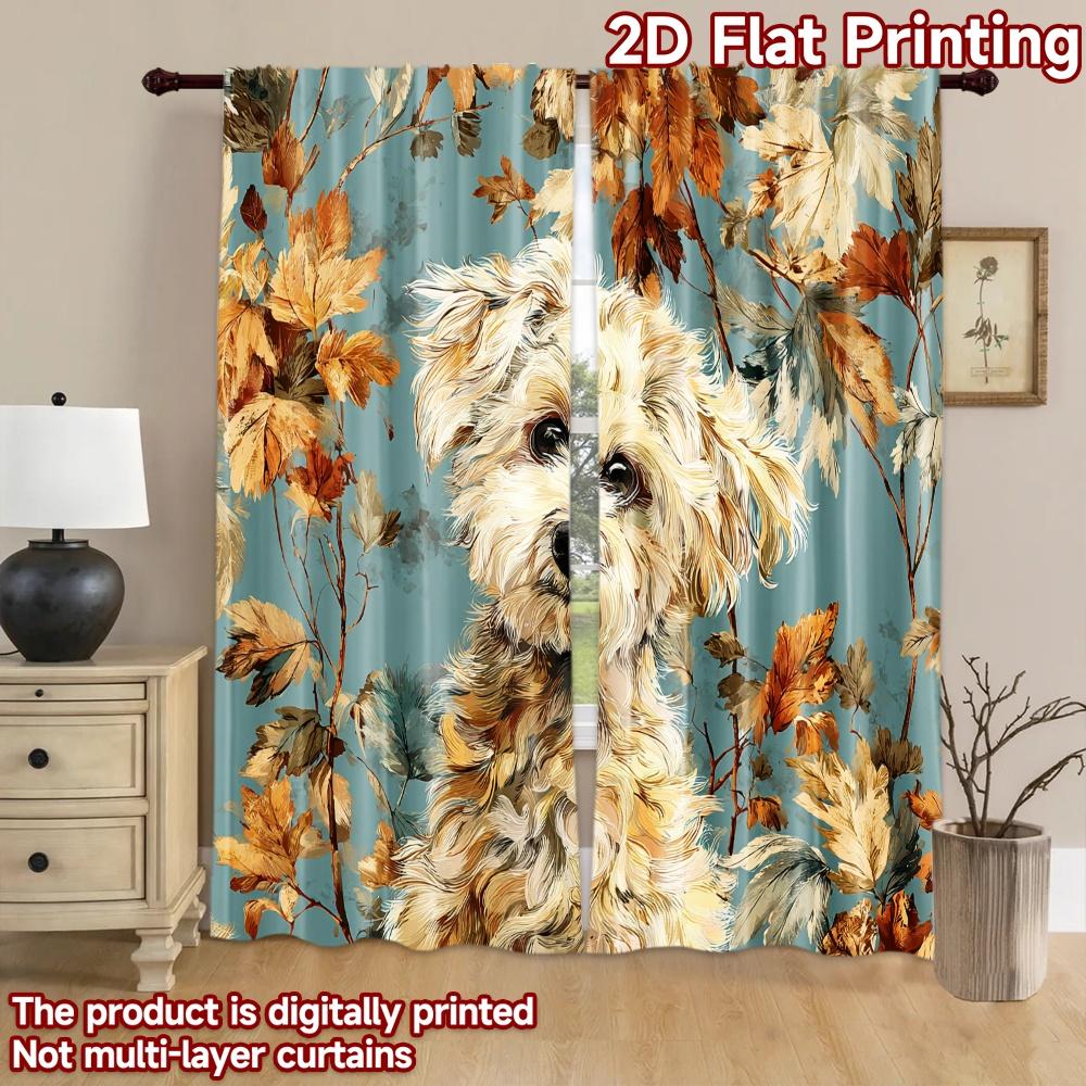 2D flat printing 2pcs Party Curtains Cute Dog Autumn Leaves Digital Printed Polyester Drapes Seasonal Party & Holiday Decor Use