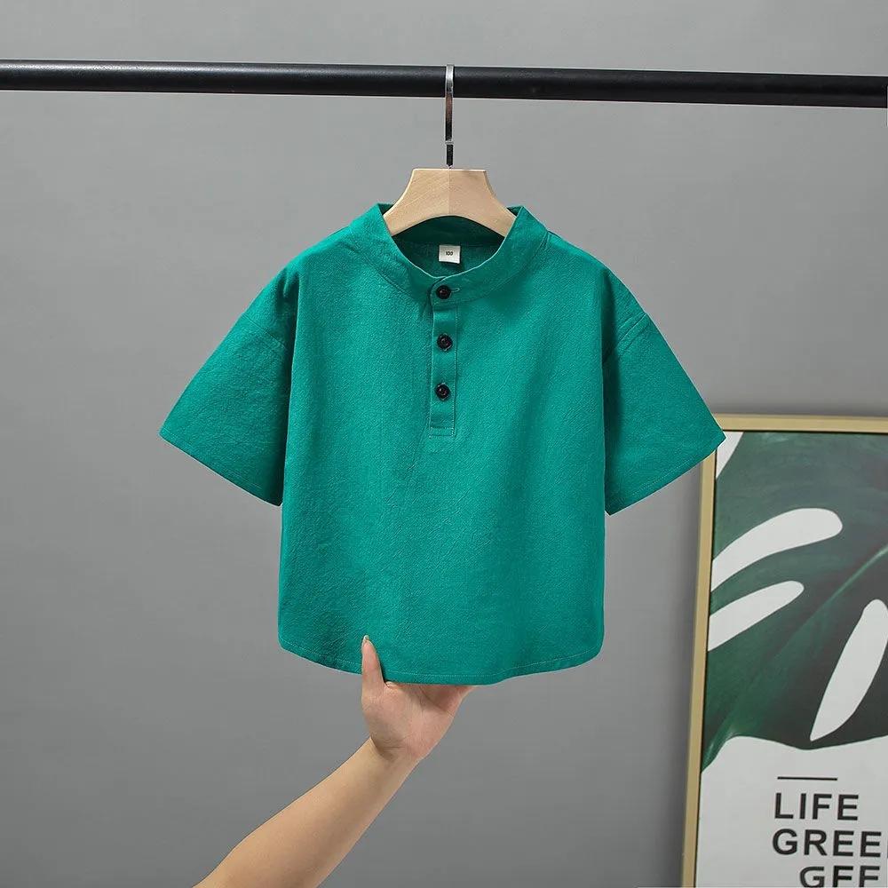 

Детская футболка с короткими рукавами, летняя футболка с воротником-стойкой и рукавами для мальчиков, однотонная футболка для детского сада 110 темно-зеленого