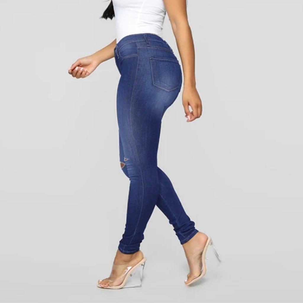 Womens Hole Button Zipper Pocket Jeans Casual Denim Flares Wide Leg Slim Pants