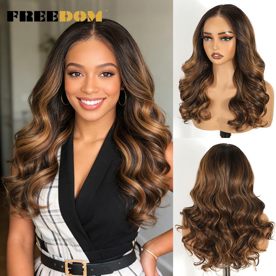 FREEDOM 9x6 Synthetic Lace Front Wigs For Women Pre Plucked Body Wave Lace Wig 20 inches Pre-cut Ombre Brown Blonde Cosplay Wigs