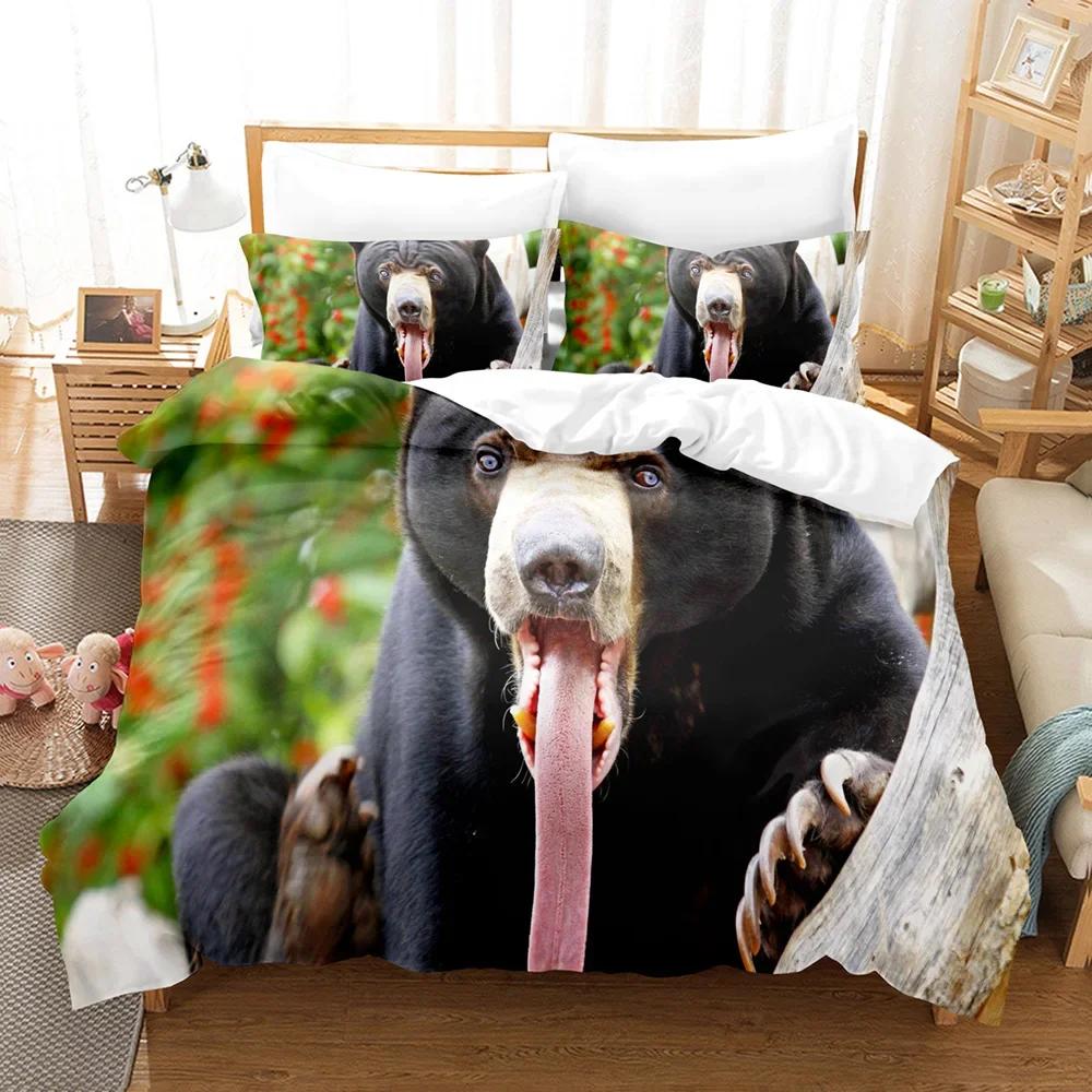 Print with Soft Fabric Duvetcover&2pcs Pilowcase Bear Bedrom Set Beding 2/3 Pcs Bed Cover Set Animal Series Double Bed Linens 10% Polyester
