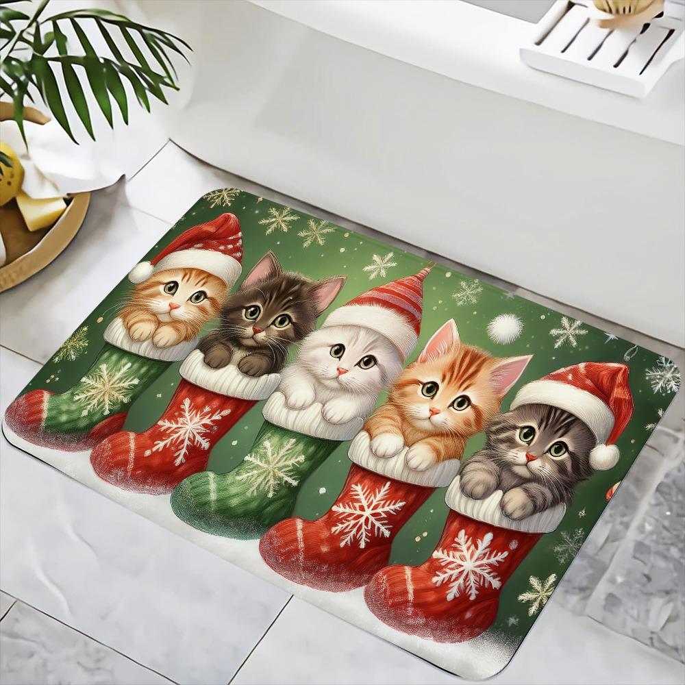 Merry Christmas Floor Mat Cute Cat Kitten Anti-slip Soft Carpet for Bedroom Living Room Hallway Doormat Area Rug Home Decoration