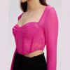 Women S Lace Mesh Panel Long Sleeve Square Neck Slim Fit Crop Top Vest