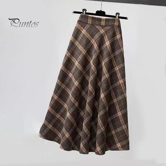 Sukňa so vzorom tartanu Jeseň Zima Dámska Vysoký Elastický Pás Farebné Zladenie Šachovnicového Vzoru A-line Retro Stredná Dĺžka Veľký Rozkolísaný Hrubá Teplá Mäkká Sťahovacia Stredná Časť Lítka