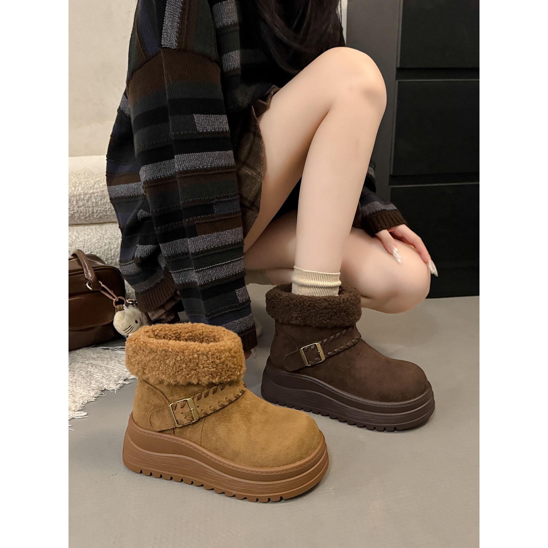 Fleece thickened retro heightened thick-soled snow boots winter non-slip outer wear thermal cotton shoes 35