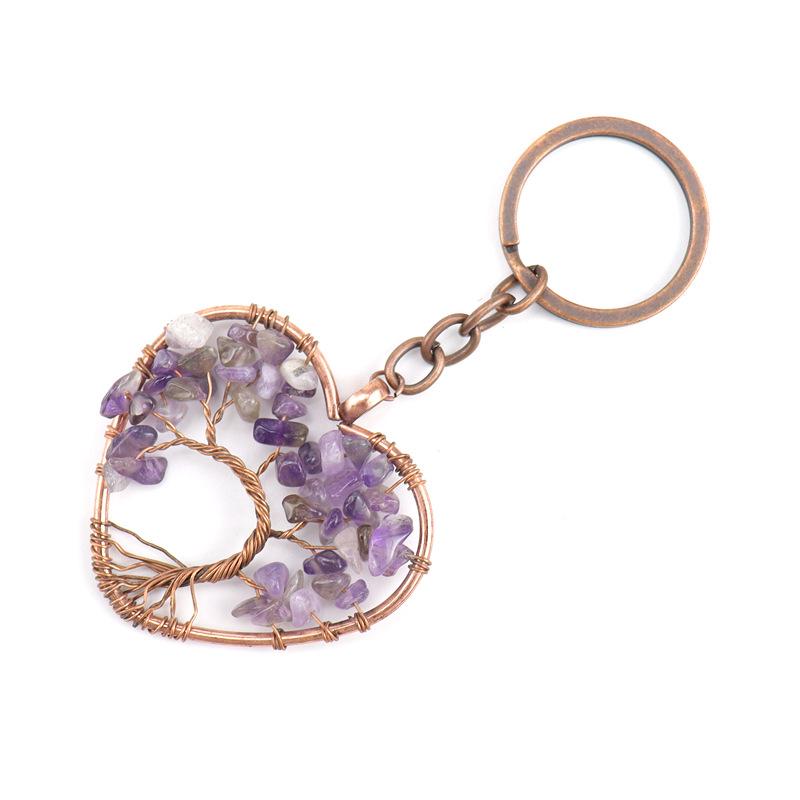 

Vintage Natural Gravel Crystal Curved Heart-Shaped Tree Of Life Keychain Peach Heart Key Chain Bag Pendant K08 аметист