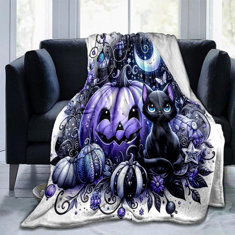 1pc Happy Pumpkin & Cat Blanket  Soft Throw for Home Decor, Gift Idea, Living Room, Travel, Camping, Car Blankets