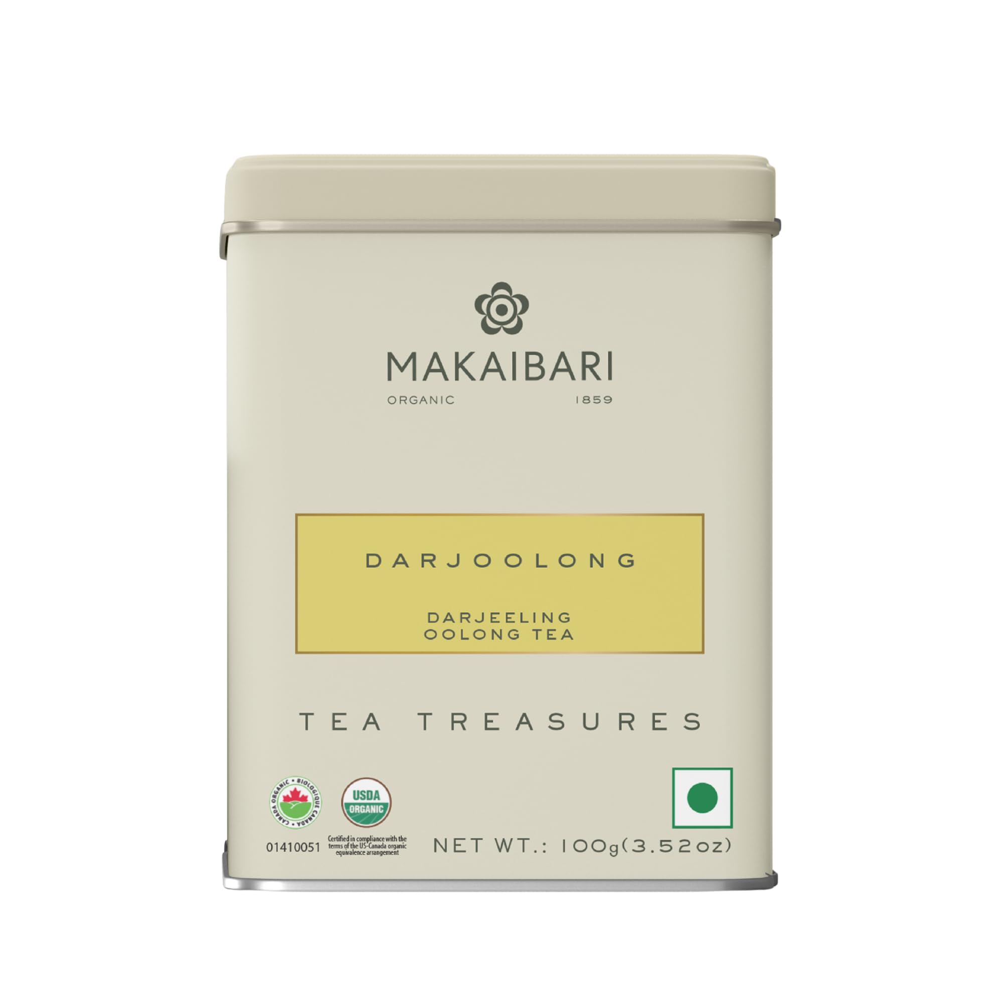 Makaibari Tea Treasures Darjoolong - Organic Darjeeling Oolong Tea | 100g Tin Caddy | Loose Leaf | Single Estate Himalayan Tea | Floral Fruity No
