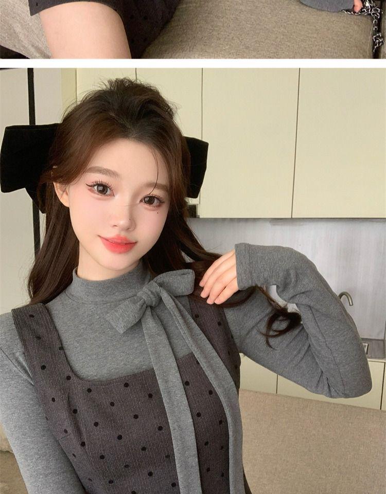 Korean Faux Two-Piece Grey Bow Polka Dot Dress, Waist-Cinched A-Line Skirt for Autumn