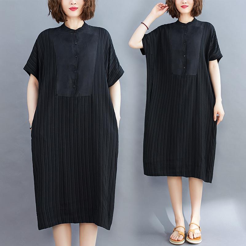 Summer Literature Plus Loose Fit Solid Color Round Neck Short Sleeved Mid Length Dress for Women