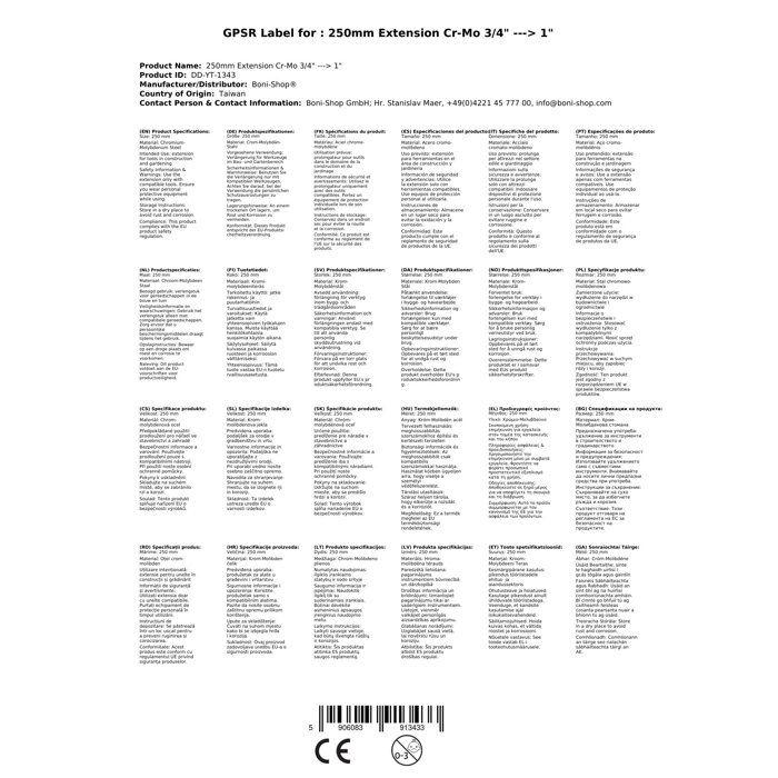 Adaptateur Clé à Choc 3/4 vers 1 Pouce, Rallonge Cr-Mo 250mm