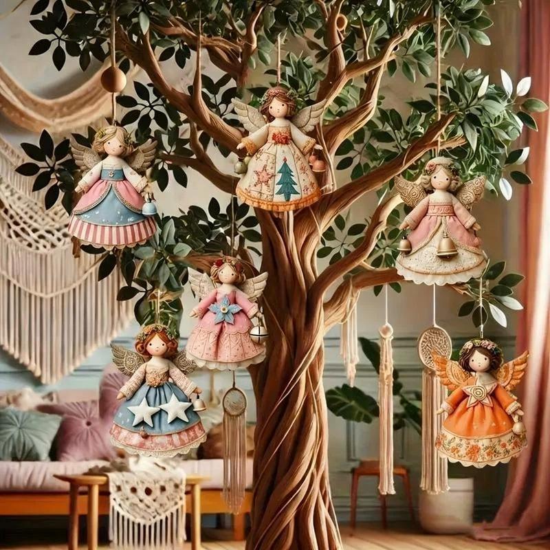 6/12/24/36 Pezzi Decorazione Albero di Natale Angelo di Natale Vintage 2D Ragazza Ciondolo in Legno per Casa Decorazione da Appendere al Muro Natale