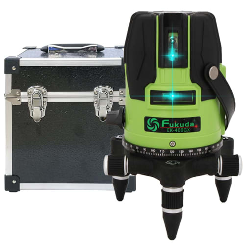 FUKUDA 5-Line Green Laser Level EK-400GX, Compatible with Two Lithium Batteries, AA Batteries, and an AC Adapter, 4-Direction Large Square Beam Model,
