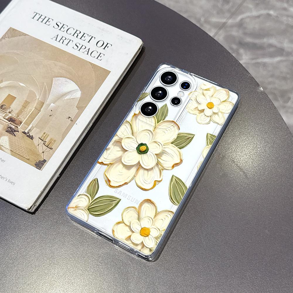 White Floral Oil Painting Case for Samsung Galaxy S26 S25 S24 S23 S22 S21 S20 FE Plus Soft TPU Slim Fit Shockproof Cover