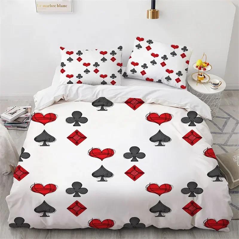 Poker Bettwäsche King Twin Kartenspiel Bettwäscheset Mikrofaser Gamer Spielende Deckenbezug Jungen Retro Spiel Rot Schwarz Bettdeckenbezug