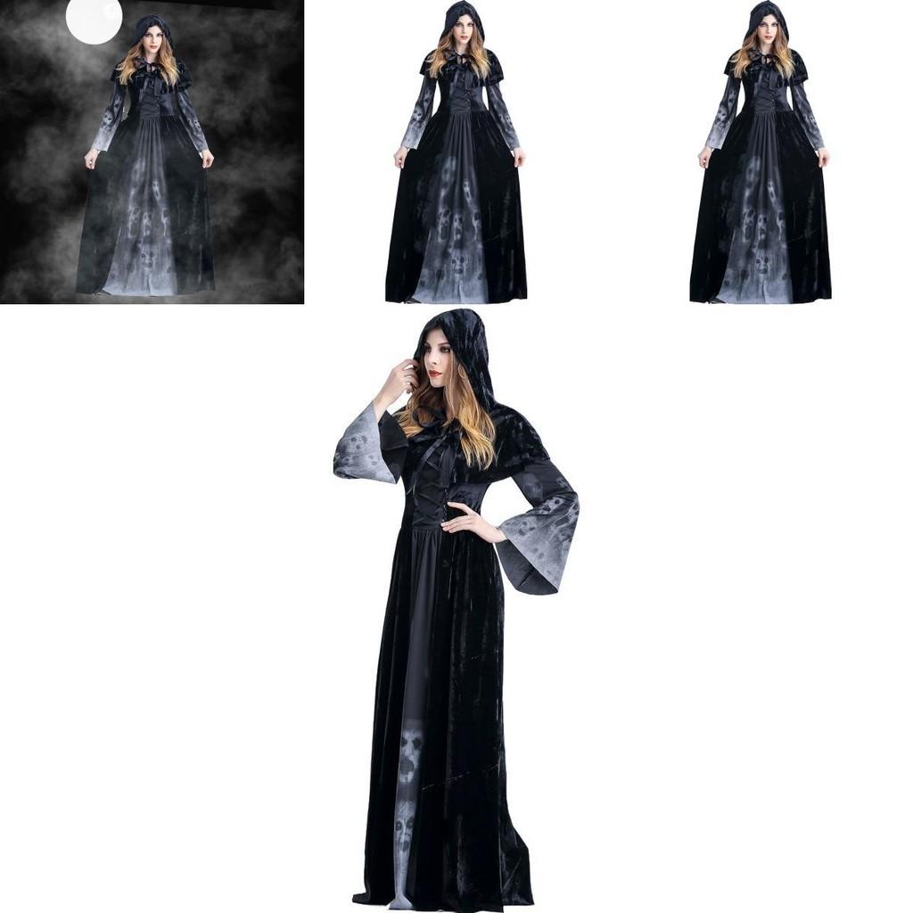 Halloween Cosplay Dress For Women With Skeleton Print Polyester Fantasy Evil Witch Vampire Dead Soul Costume Halloween Costume
