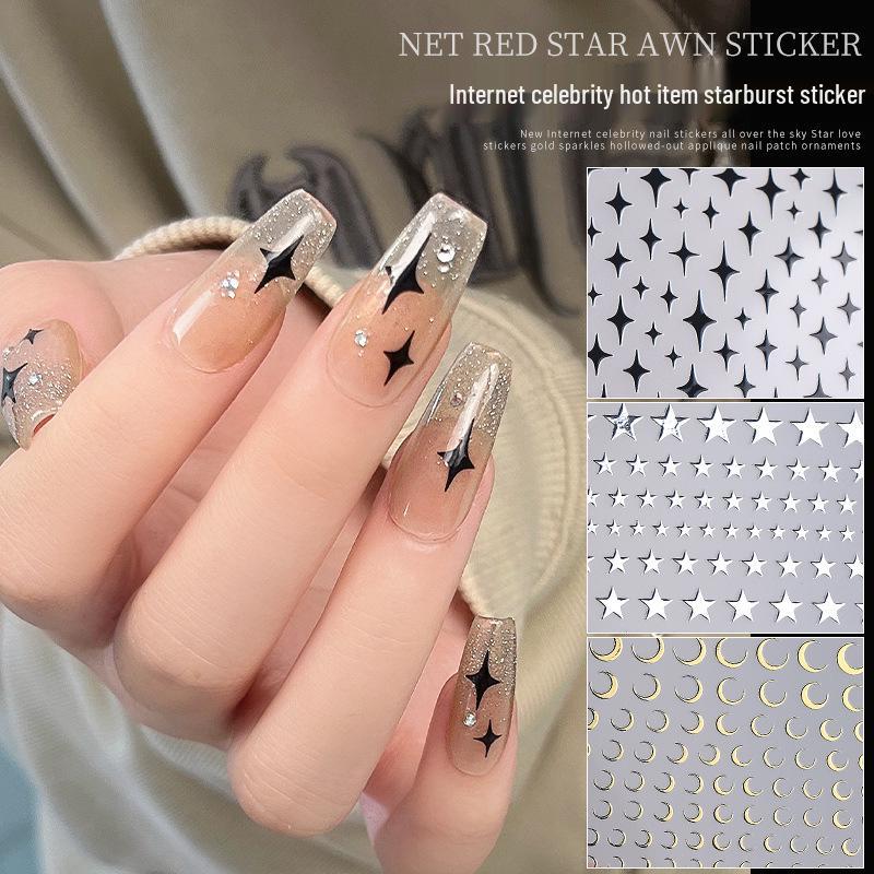

3D наклейки для дизайна ногтей «Звездный взрыв»: Золотые и серебряные звезды, полумесяц и пятиконечные украшения