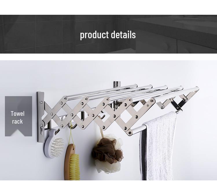 304 Stainless Steel Retractable Towel Rack with Hooks for Bathroom, Hotel, or Balcony Drying