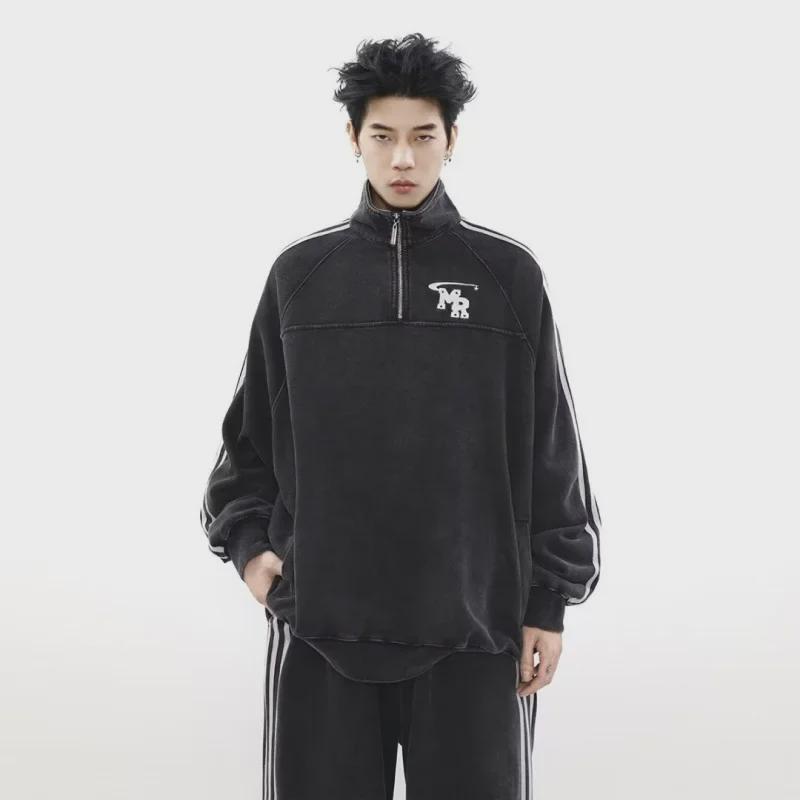 Men's Autumn American Retro Sports Suit: High-Street Stand-Up Collar Sweater and Trousers Two-Piece Set