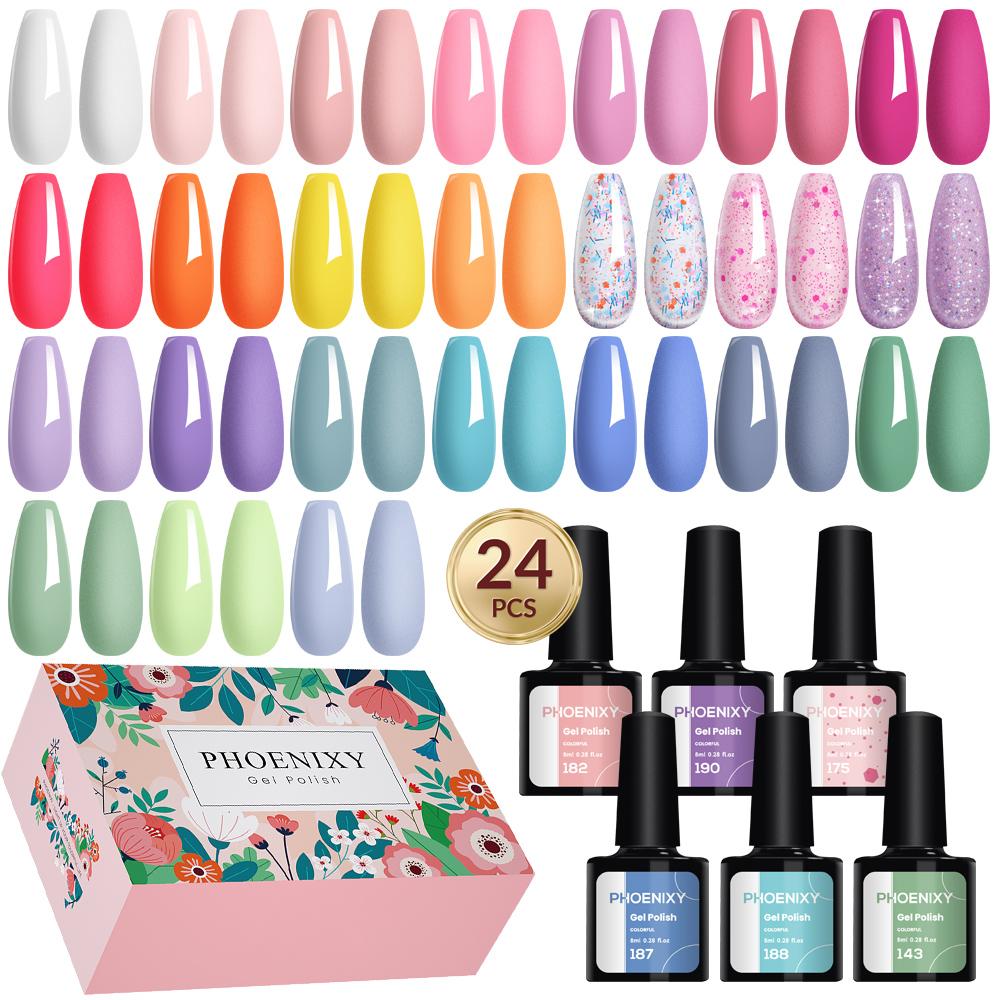 

PHOENIXY 24 шт. Набор гель-лаков для ногтей Необходимая база и глянцевое матовое верхнее покрытие Набор гелевых ногтей с эффектом замачивания Подходит для всех сезонов Подарки с гель-лаками SET 01