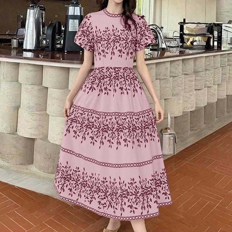 

ZANZEA Женское повседневное длинное платье с круглым вырезом, коротким рукавом и принтом S камео розовый