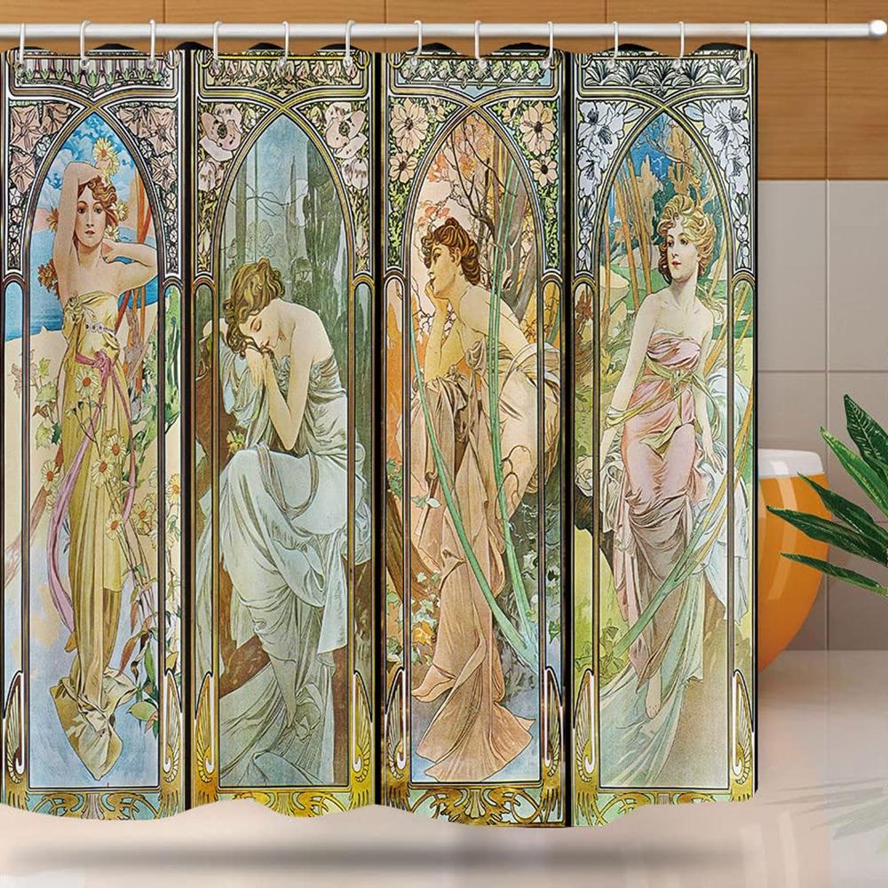 Jugendstil Dame Duschvorhang, Ästhetische Kunst Tageszeiten, Nachtruhe, Abendliche Träumerei, Morgendämmerung, Morgen erwachen Badezimmer-Set