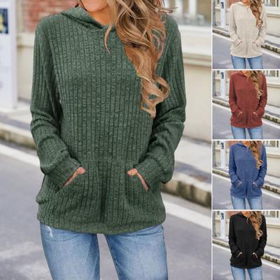 Women Knitted Sweater Hooded Long Sleeve Loose Fit Ribbed Knitting Pullover Tops with