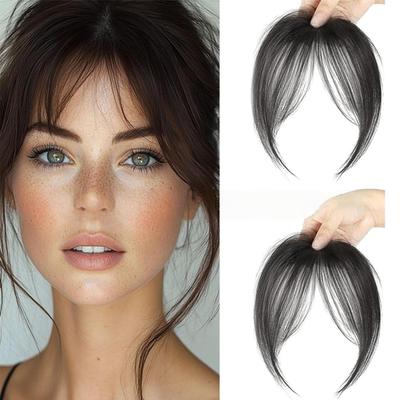 2Pcs Clip In Human Hair French Bangs Extension, Fake Fringe with Temples Hairpieces, Bangs Hair Extensions for Women, Invisible Forehead Hairline