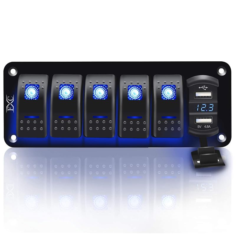 Purishion 4 Gang Rocker Switch Aluminum Panel with Voltmeter & Dual USB(4.8 Amps) Fast Charging, Blue Backlit Led, Pre-Wired IP65 Waterproof for