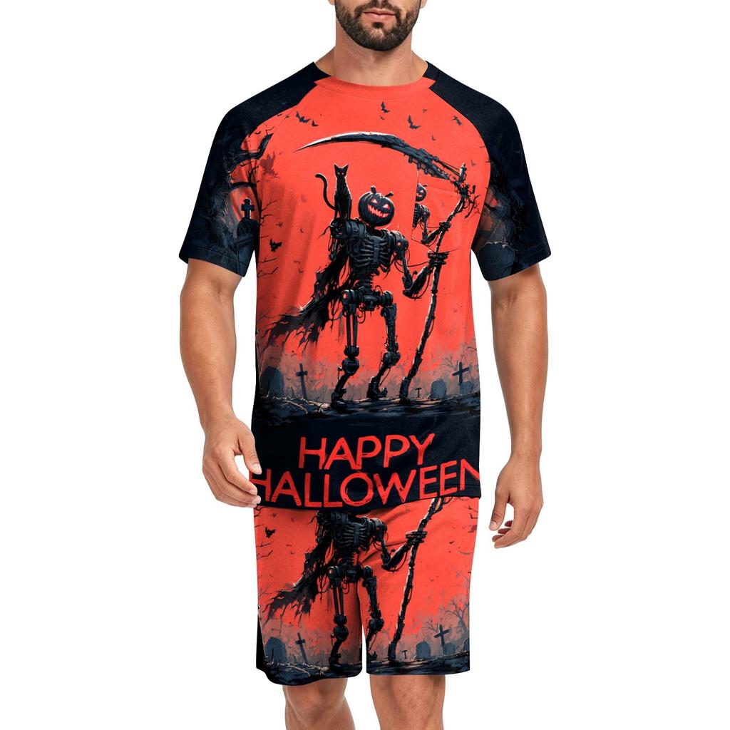 Men's Halloween Casual Pajama Set Short Sleeve Top and Shorts Comfortable Lightweight Sleepwear Set for Home Relaxation