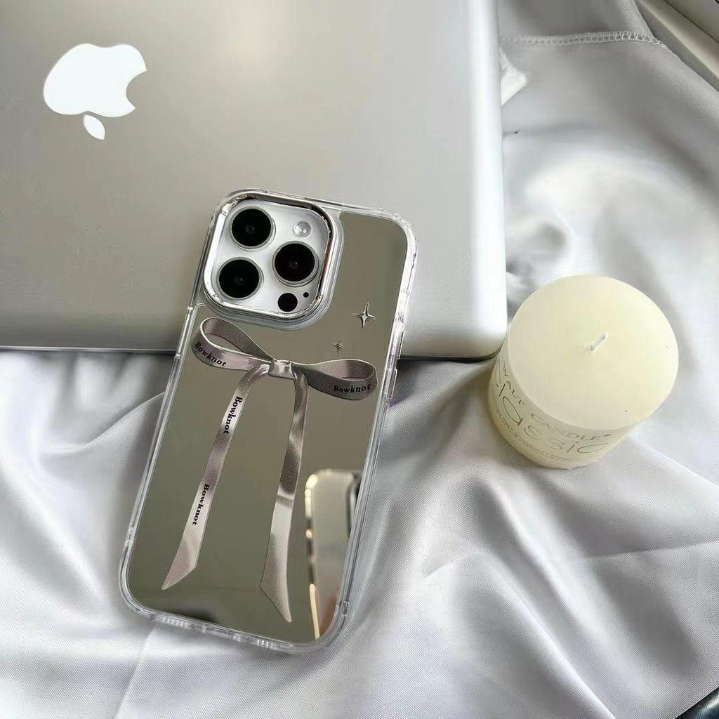 Ins Wind Mirror Silver Bow Mobile Phone Case for iPhone17ProMax Apple 16 Protective Case 15