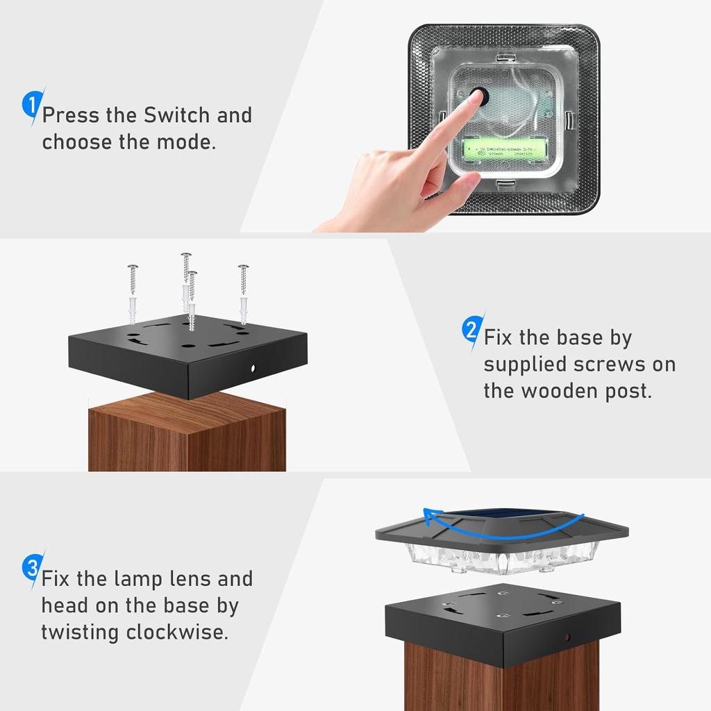4x4in Solar Post Cap Lights Outdoor with 3 Modes Waterproof Fence Light Solar Powered for Deck Yard Garden Patio Outside Decor