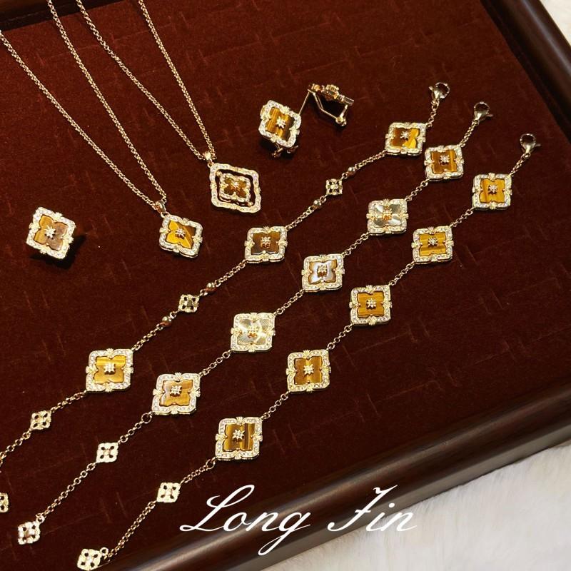 Vintage French Floral Four-Leaf Clover Jewelry Set Women Necklace Bracelet Earrings Ring In Champagne Gold Tone