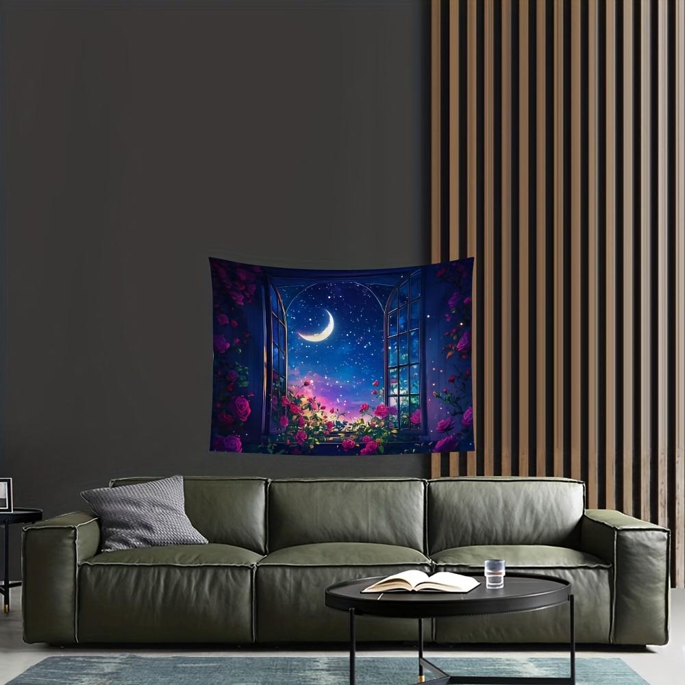 

2D Flat Romantic Night Sky Window Wall Tapestry with Open Window Pink Roses Moonlit Night Scene SelfAdhesive Wallpaper 74x94cm(29x37in)