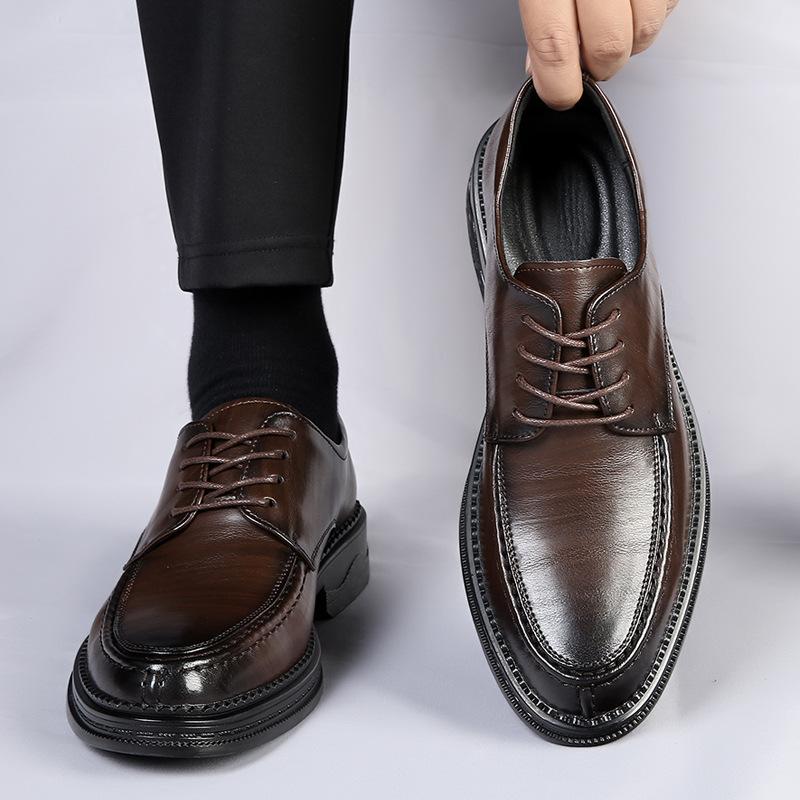 Leather shoes men's spring business dress high-end sense casual commuting leather soft sole black men's wedding groom shoes