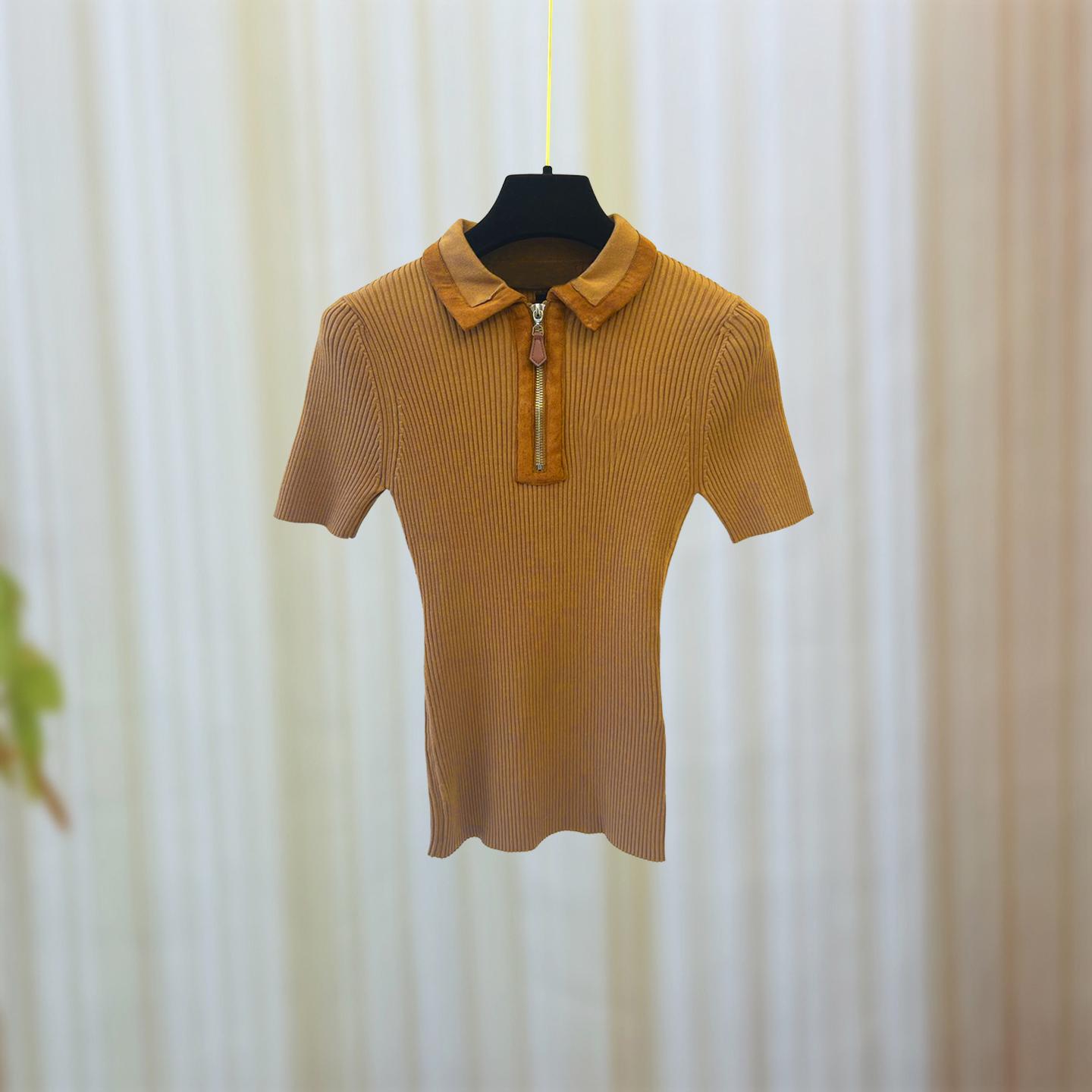 French Chic Slimming Knit Lapel Tee - Women s Versatile Short Sleeve Top S - 36 хаки