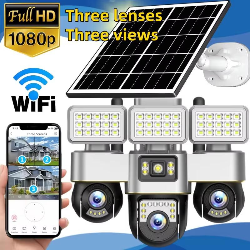 LS VISION V380 pro 15MP 8K Three Lens WIFI Solar Camera Outdoor Waterproof PIR Humanoid Detection Security Video Monitor Night Vision