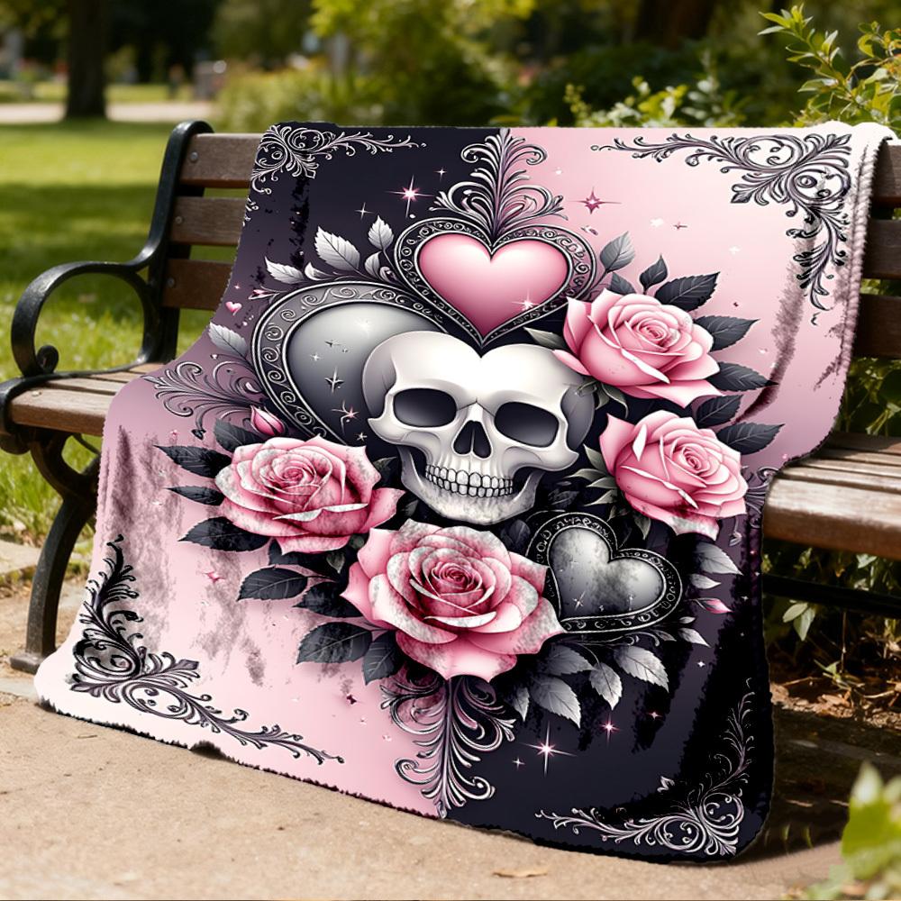 1pc Skull Roses Heart Decorative Outdoor Flannel Blanket , Machine Washable Perfect Gift for Birthday , Holiday Travel Accessory , Durable Material