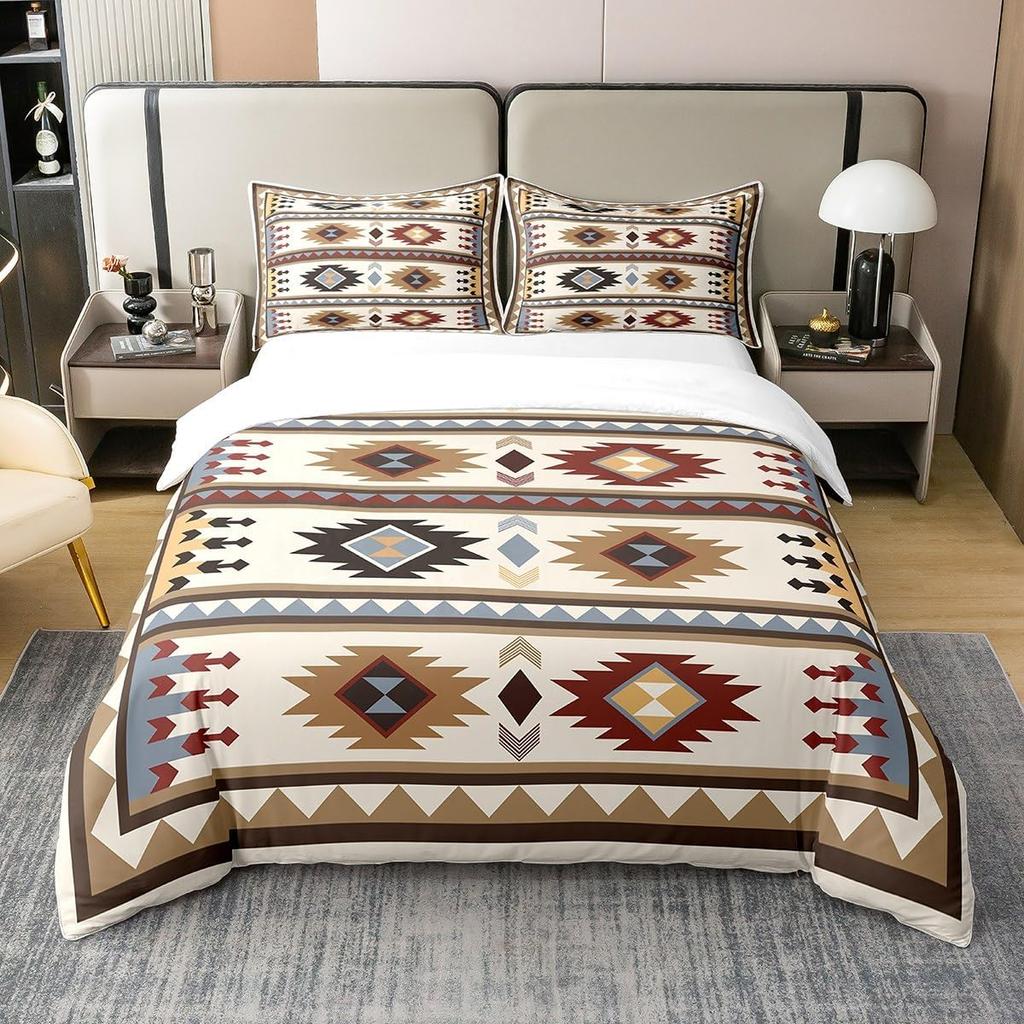 Western Duvet Cover,Exotic Bohemian Native Indian Tribal Quilt Cover,Vintage Geometric Triangle Boho Bedding Set with Pillowcase