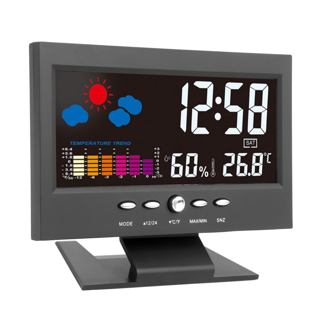 Electronic Alarm Clock Black Colorful Display Humidity Temperature Detect Sound Activated Alarm
